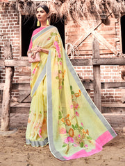 Classic Saree Yellow Color Cotton Silk Printed Saree For Party