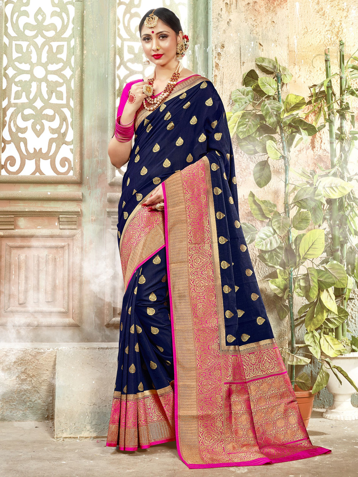 Contemporary Navy Blue Color Banarasi Art Silk Woven Saree For Party