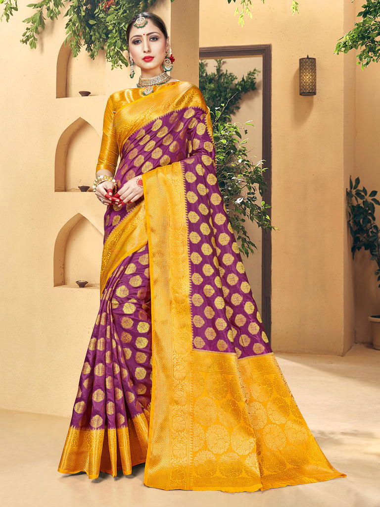 Trendy Saree Wine Color Banarasi Art Silk Woven Saree For Reception