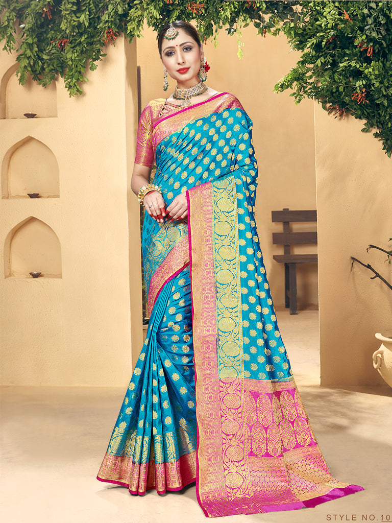 Trendy Saree Turquoise Color Banarasi Art Silk Woven Saree For Reception