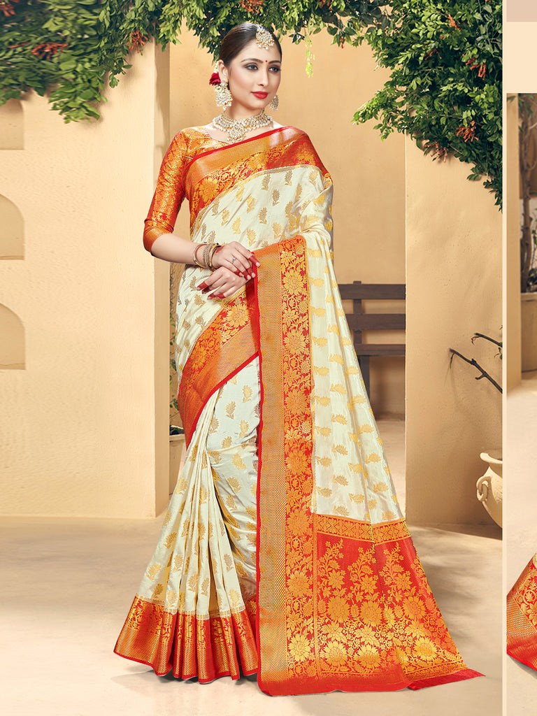 Trendy Saree Off white Color Banarasi Art Silk Woven Saree For Reception