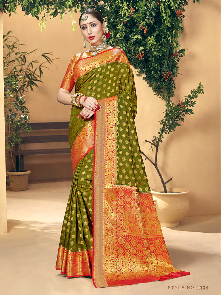 Trendy Saree Olive Green Color Banarasi Art Silk Woven Saree For Reception