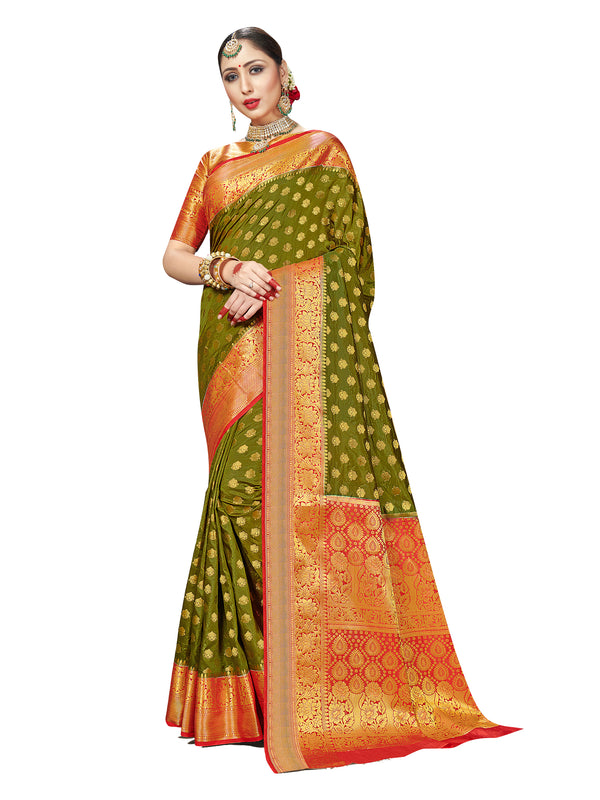 Trendy Saree Olive Green Color Banarasi Art Silk Woven Saree For Reception