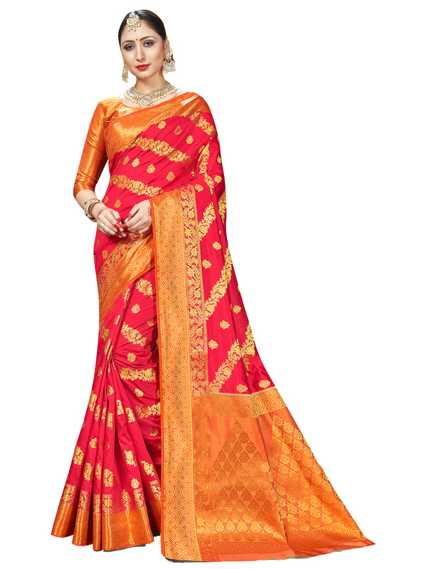 Trendy Saree Red Color Banarasi Art Silk Woven Saree For Reception