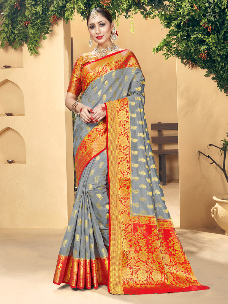 Trendy Saree Gray Color Banarasi Art Silk Woven Saree For Reception
