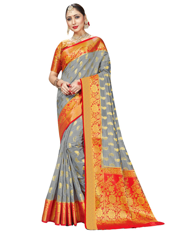 Trendy Saree Gray Color Banarasi Art Silk Woven Saree For Reception