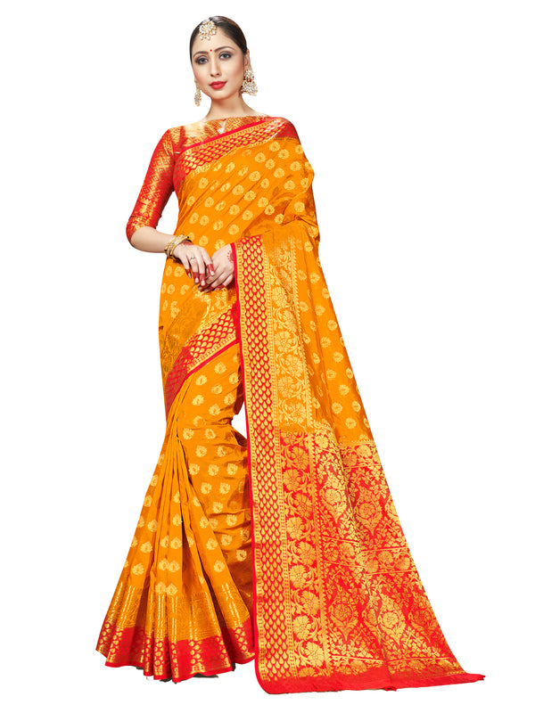 Trendy Saree Orange Color Banarasi Art Silk Woven Saree For Reception
