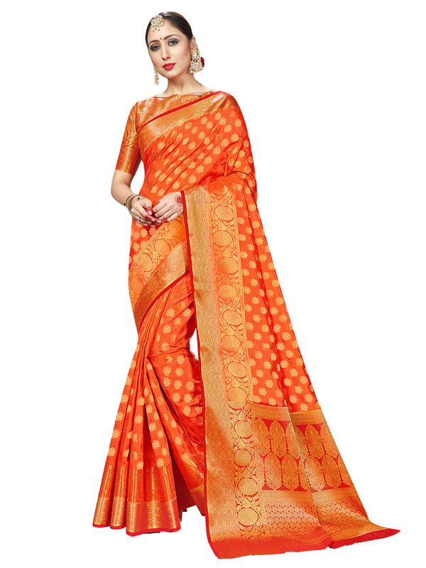 Trendy Saree Orange Color Banarasi Art Silk Woven Saree For Reception