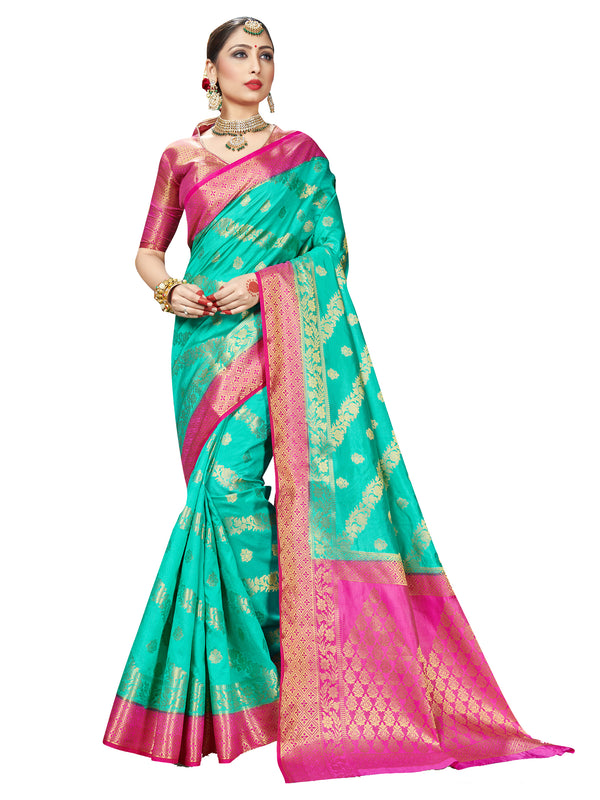 Trendy Saree Teal Color Banarasi Art Silk Woven Saree For Reception