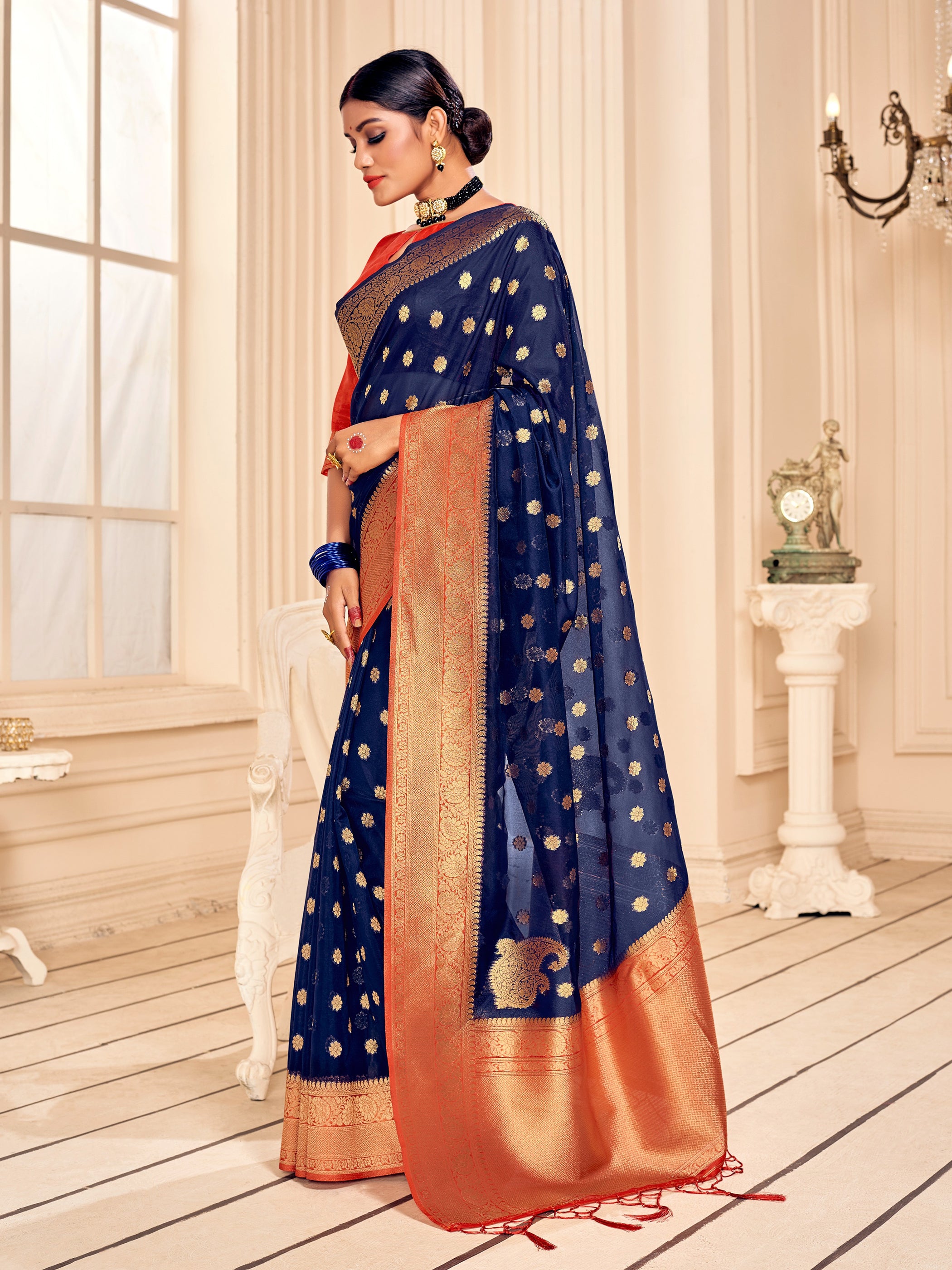 Navy Blue Banarasi Art Silk Woven Saree