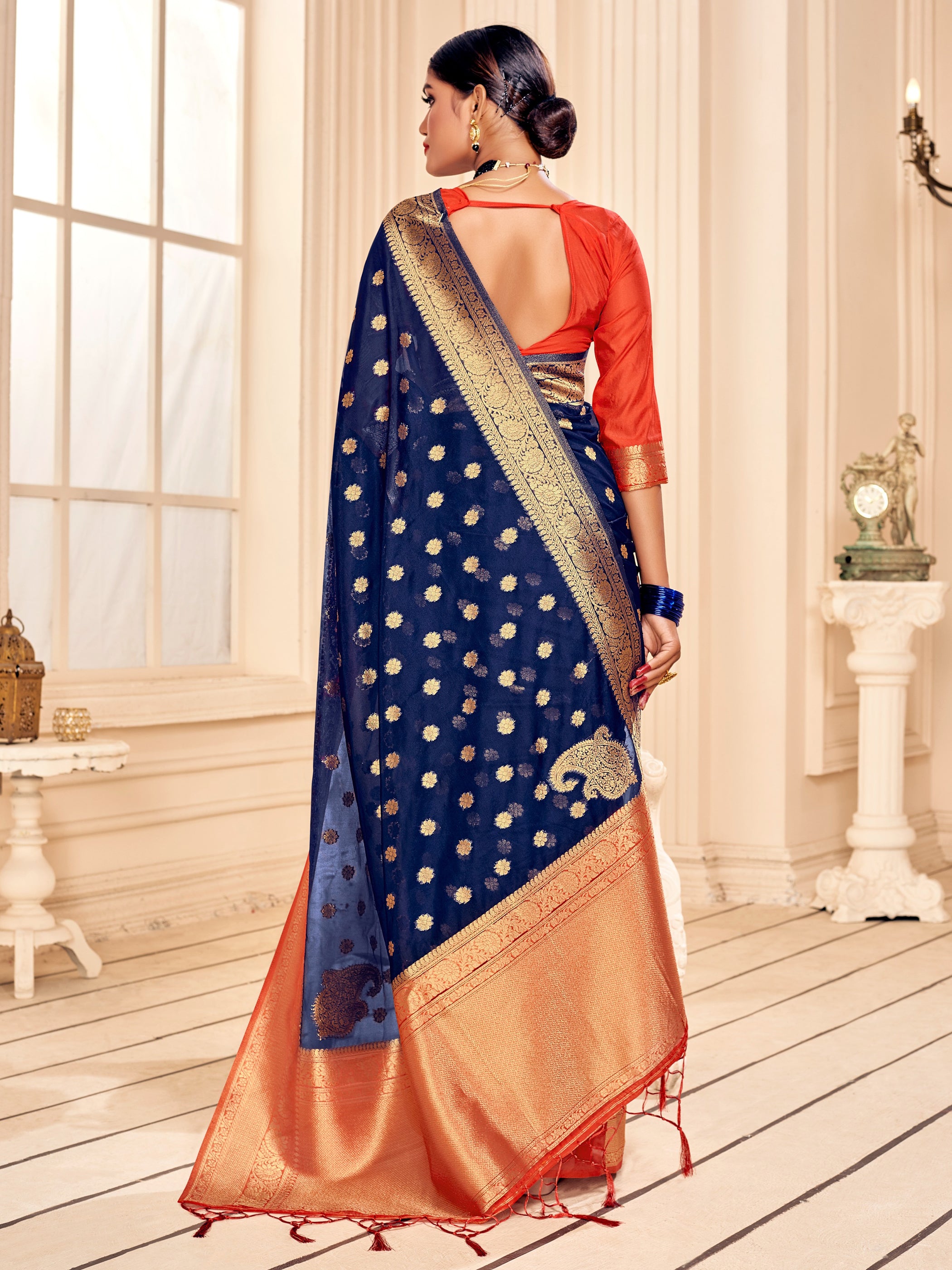 Navy Blue Banarasi Art Silk Woven Saree