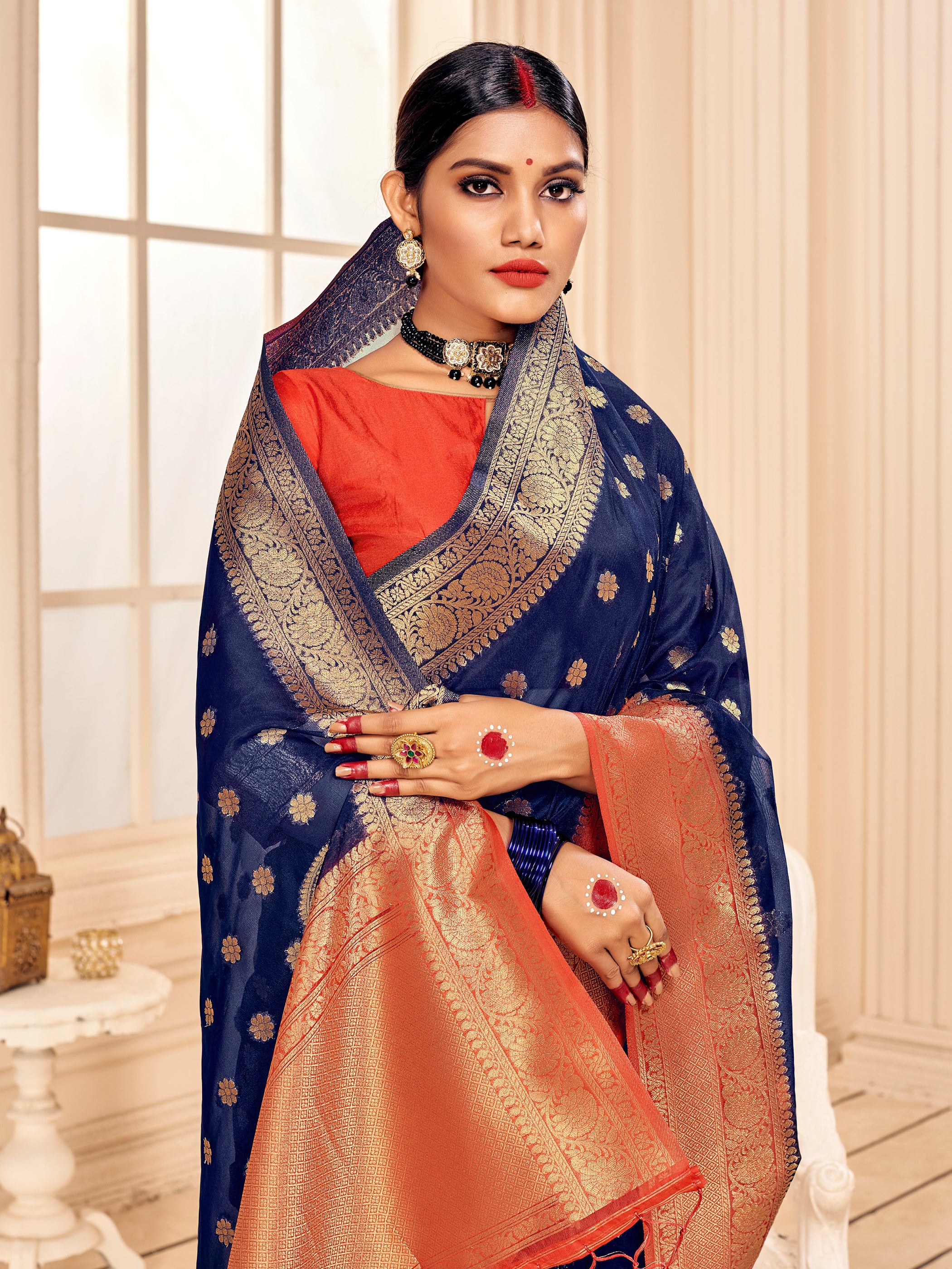 Navy Blue Banarasi Art Silk Woven Saree