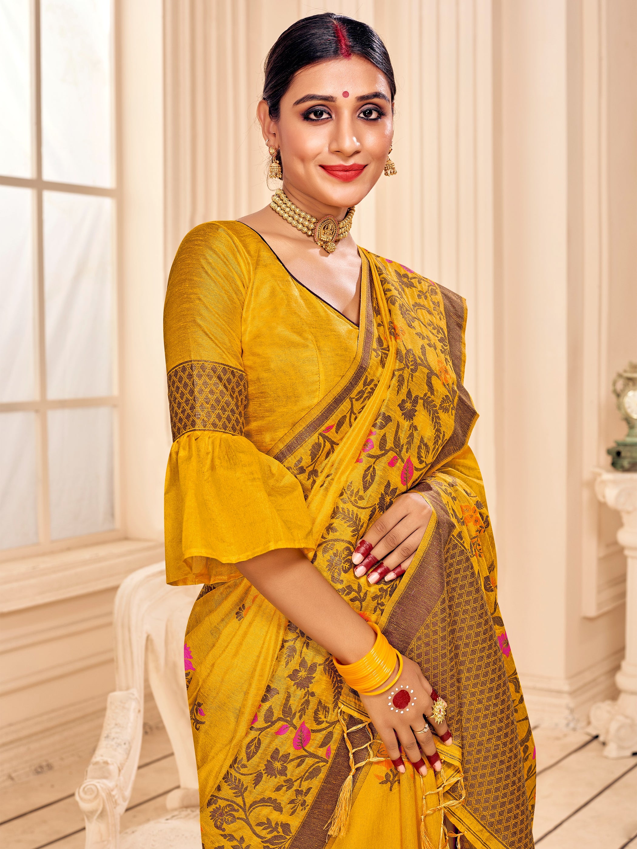 Mustard Banarasi Art Silk Woven Saree