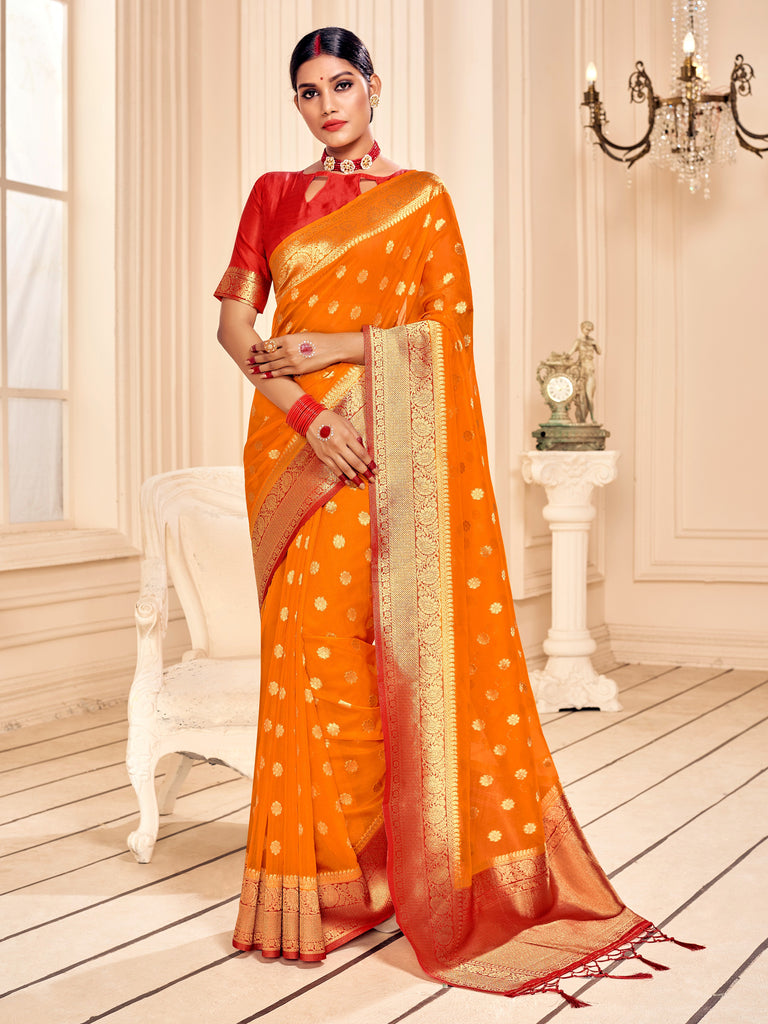 Shaded Saree Orange Color Banarasi Art Silk Woven Saree For Festival