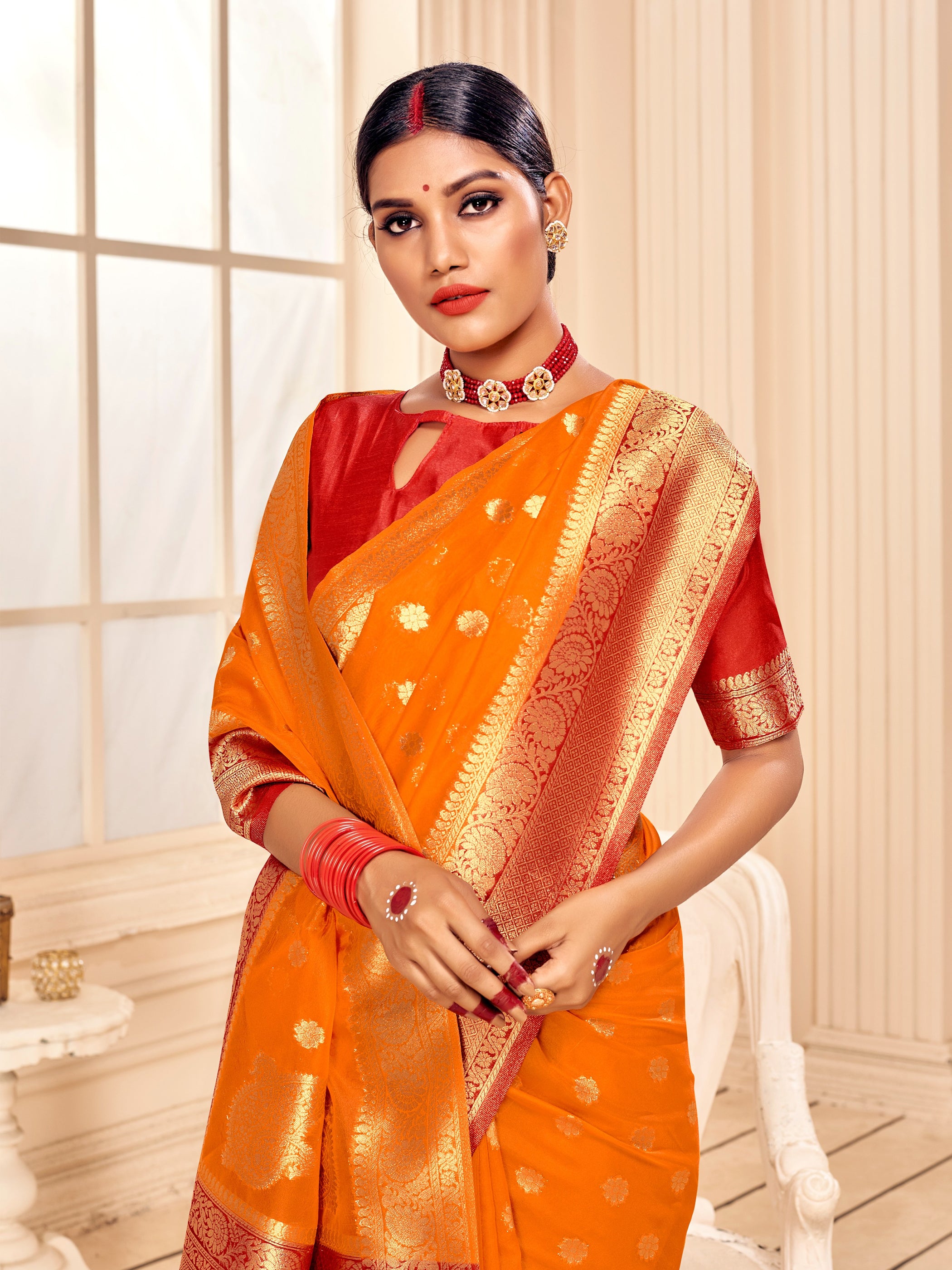 Orange Banarasi Art Silk Woven Saree