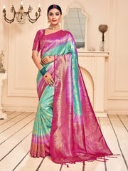 Saree tissé en soie d'art Banarasi bleu sarcelle