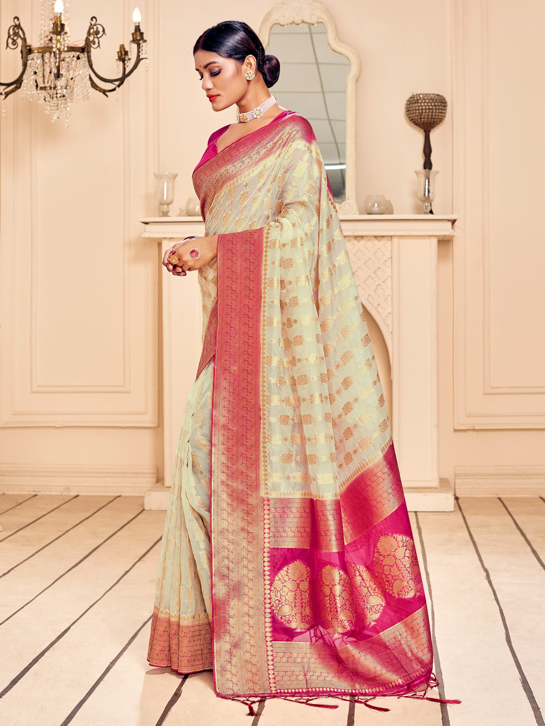 Cream Banarasi Art Silk Woven Saree