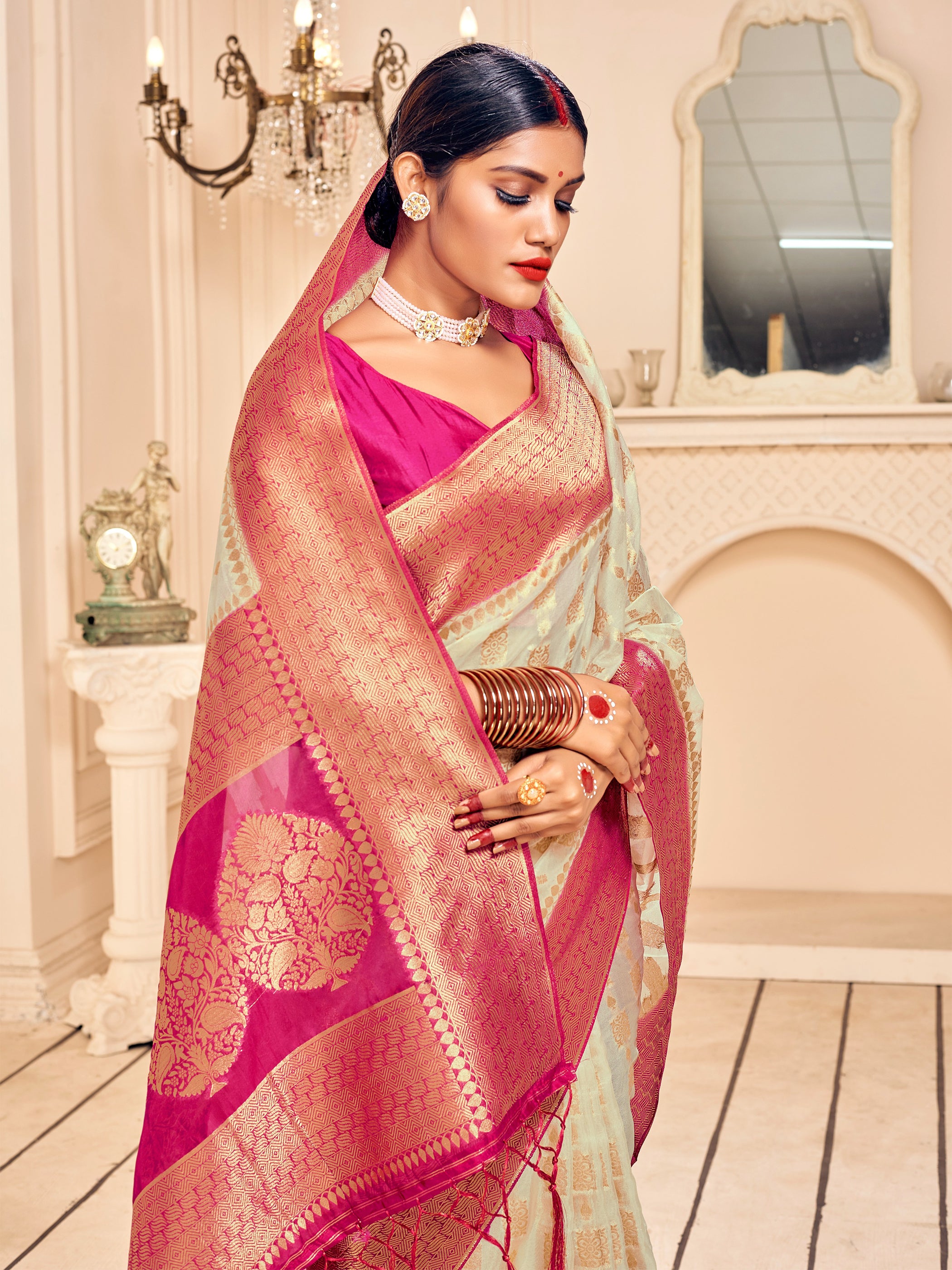 Cream Banarasi Art Silk Woven Saree