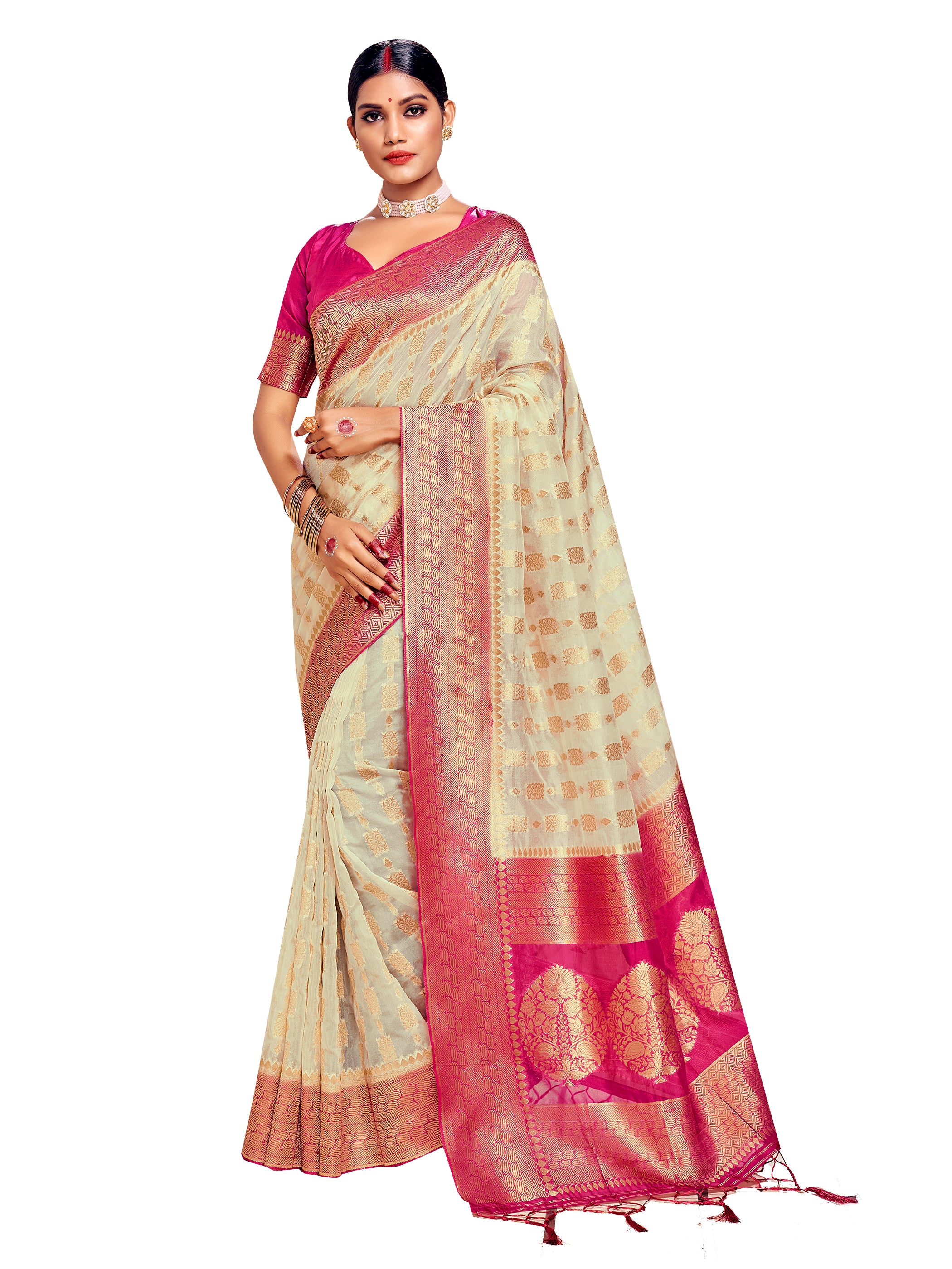 Cream Banarasi Art Silk Woven Saree