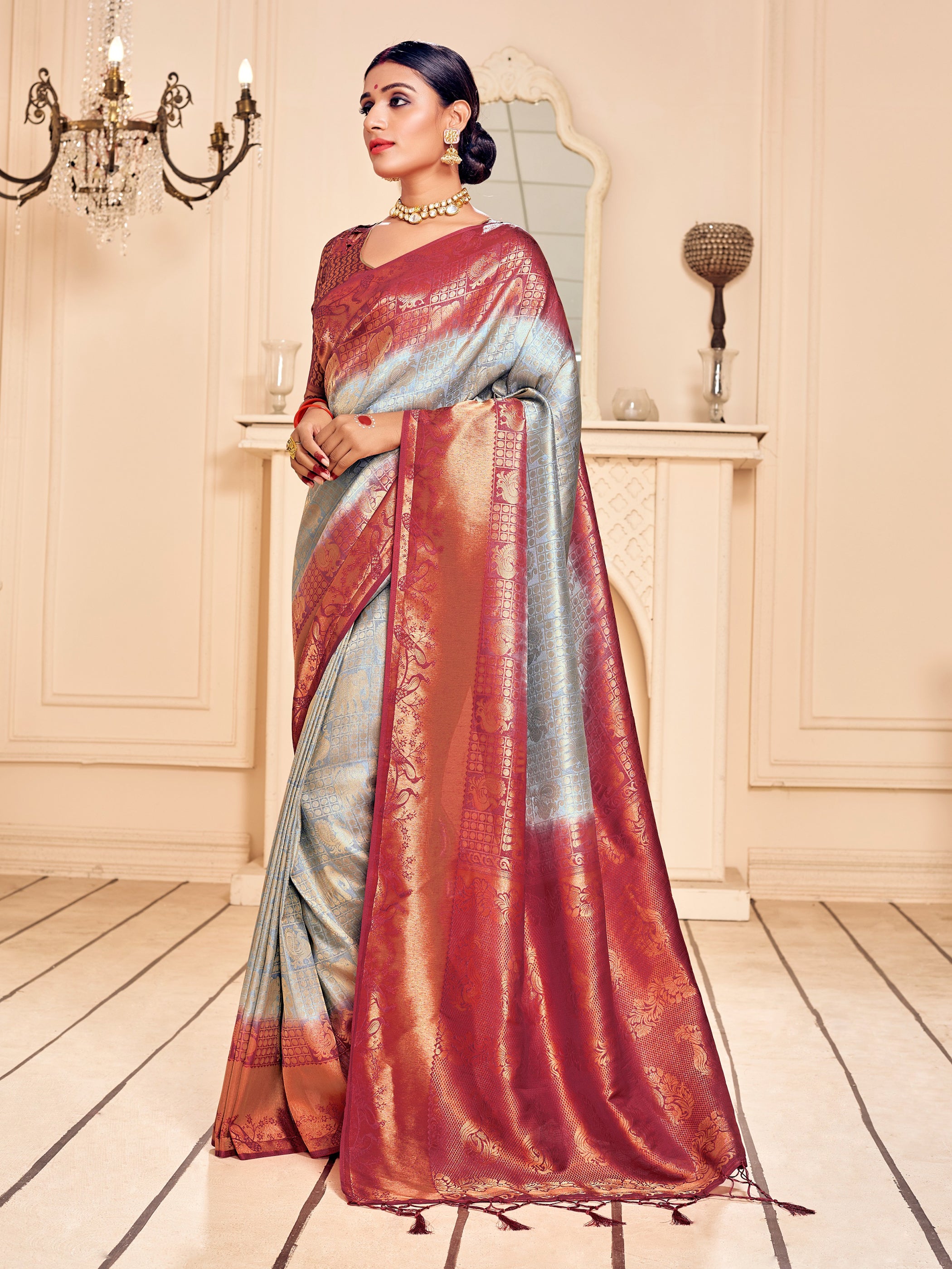 Gray Banarasi Art Silk Woven Saree