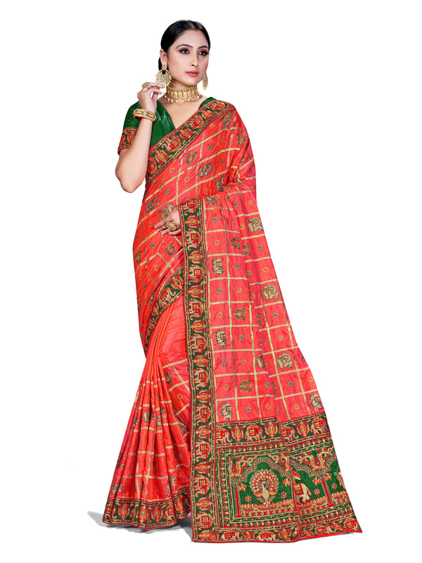 Designer Saree Peach Color Satin Silk Embroidered Saree For Wedding