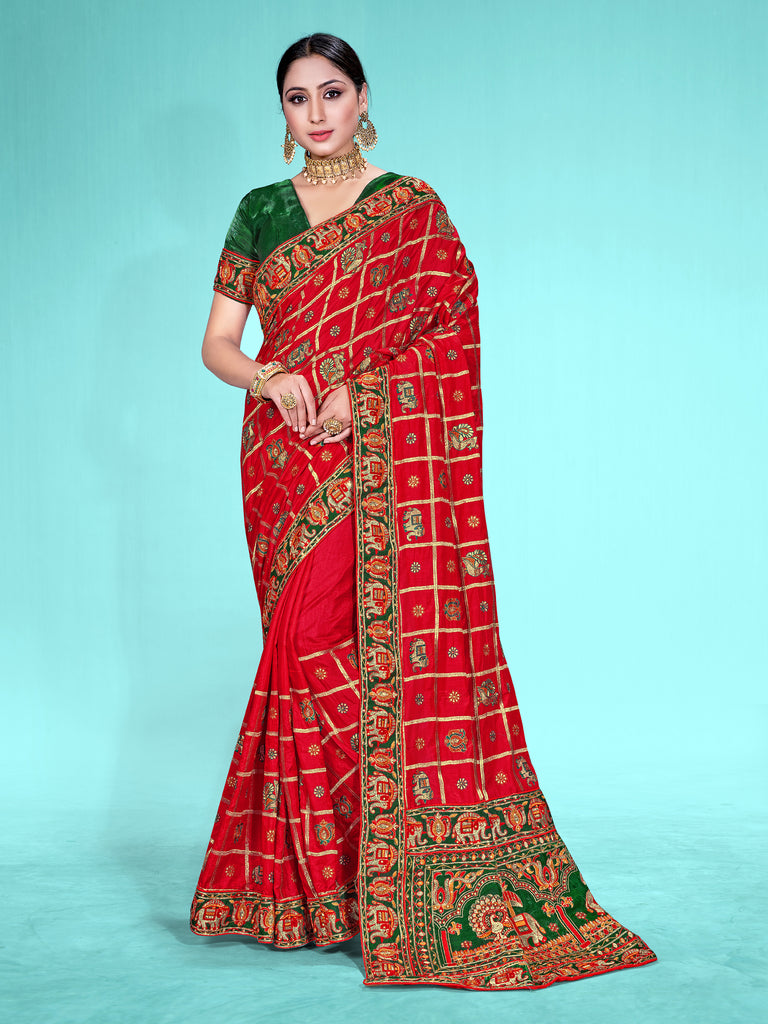 Designer Saree Red Color Satin Silk Embroidered Saree For Bridal