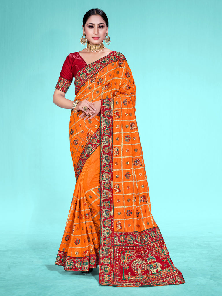 Designer Saree Orange Color Satin Silk Embroidered Saree For Wedding