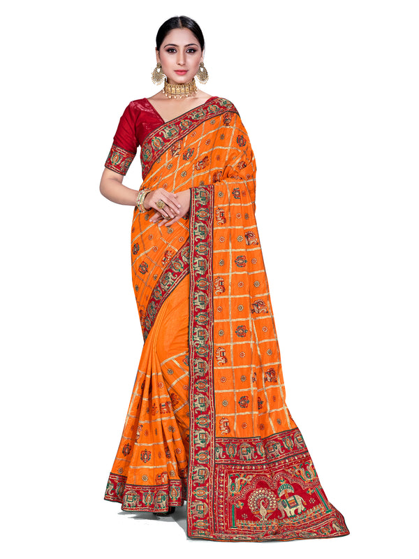 Designer Saree Orange Color Satin Silk Embroidered Saree For Wedding