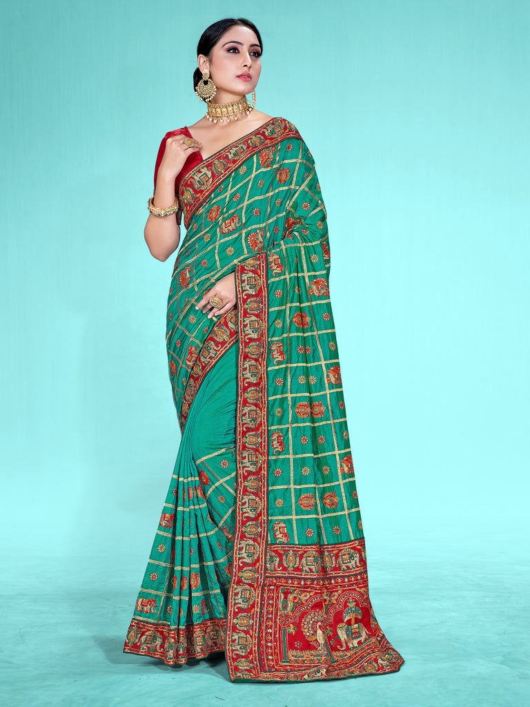 Designer Saree Green Color Satin Silk Embroidered Saree For Wedding