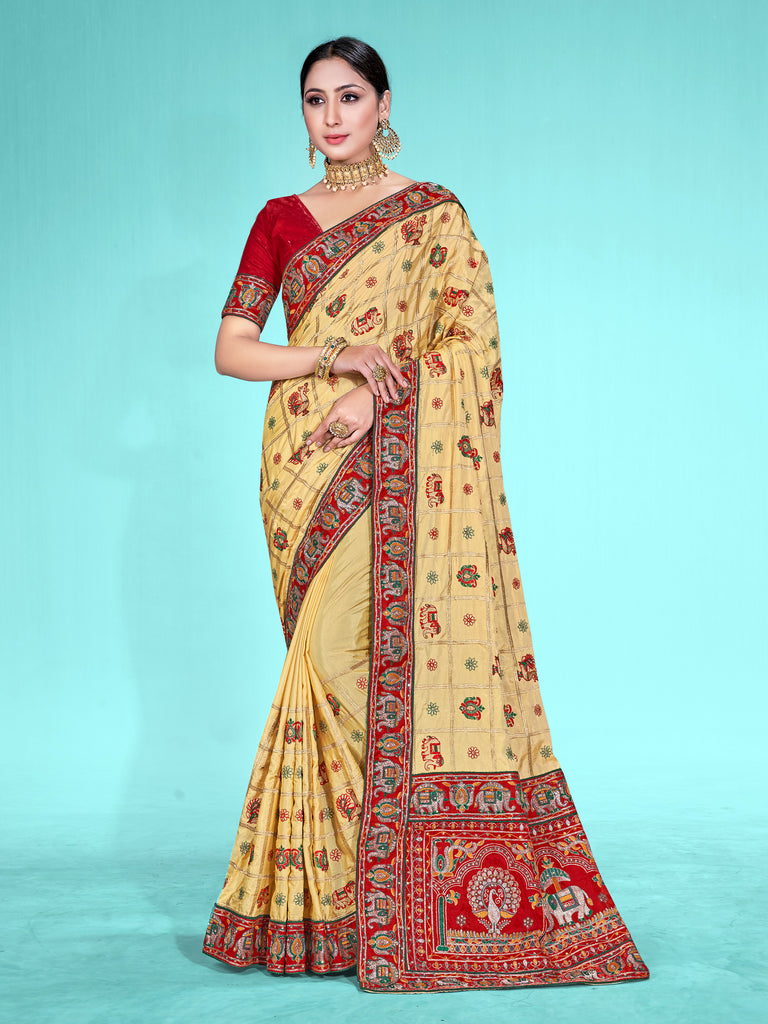 Designer Saree Beige Color Satin Silk Embroidered Saree For Wedding