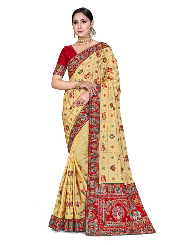 Designer Saree Beige Color Satin Silk Embroidered Saree For Wedding