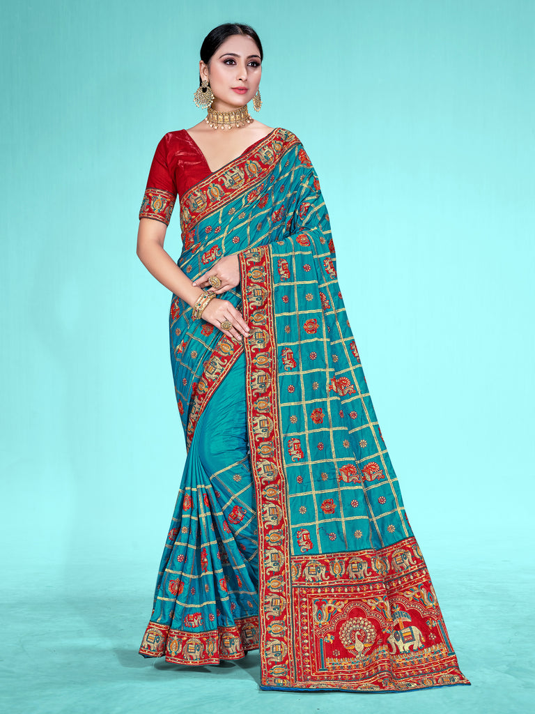 Designer Saree Teal Color Satin Silk Embroidered Saree For Engagement