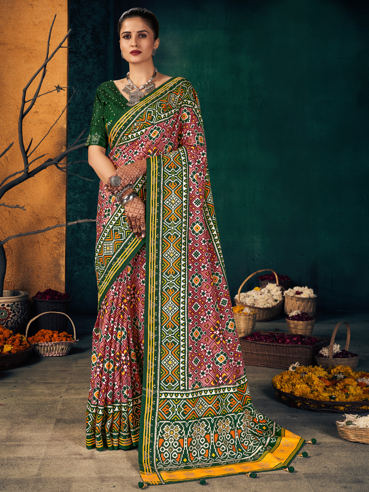 Bridal SareePeachColorCotton Art SilkPrintedSaree ForWedding