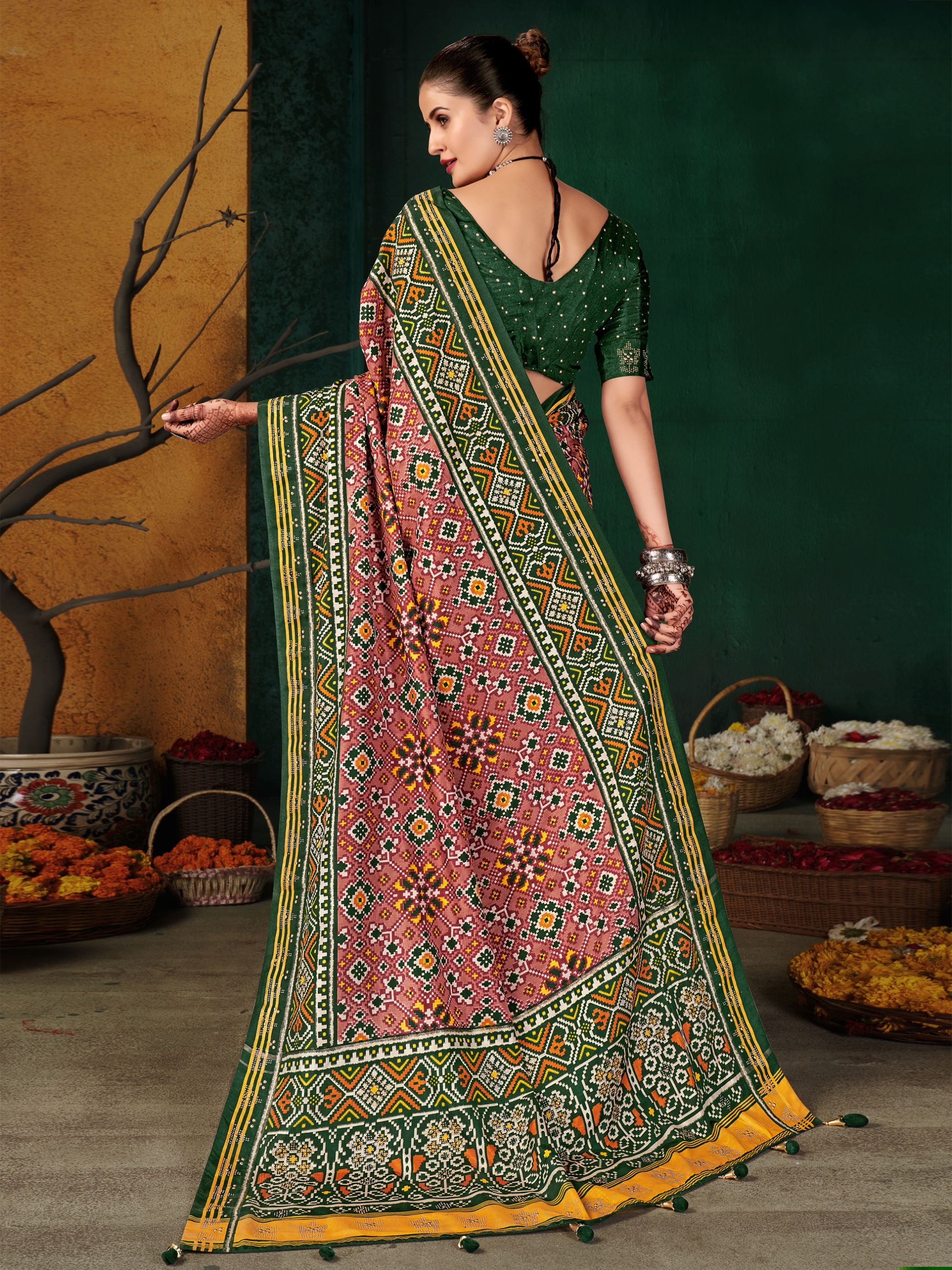 Bridal SareePeachColorCotton Art SilkPrintedSaree ForWedding