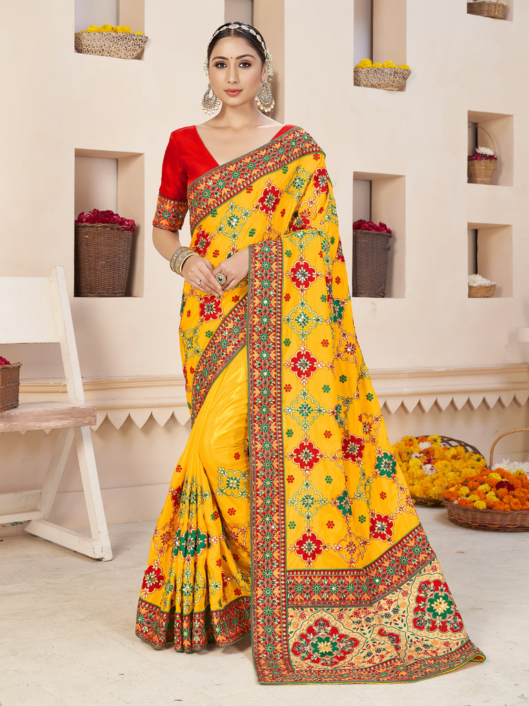 Bridal SareeYellowColorFaux GeorgetteEmbroidered Saree ForWedding