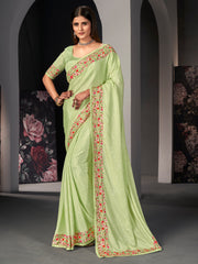 Pastel Green Satin Silk Embroidered Saree