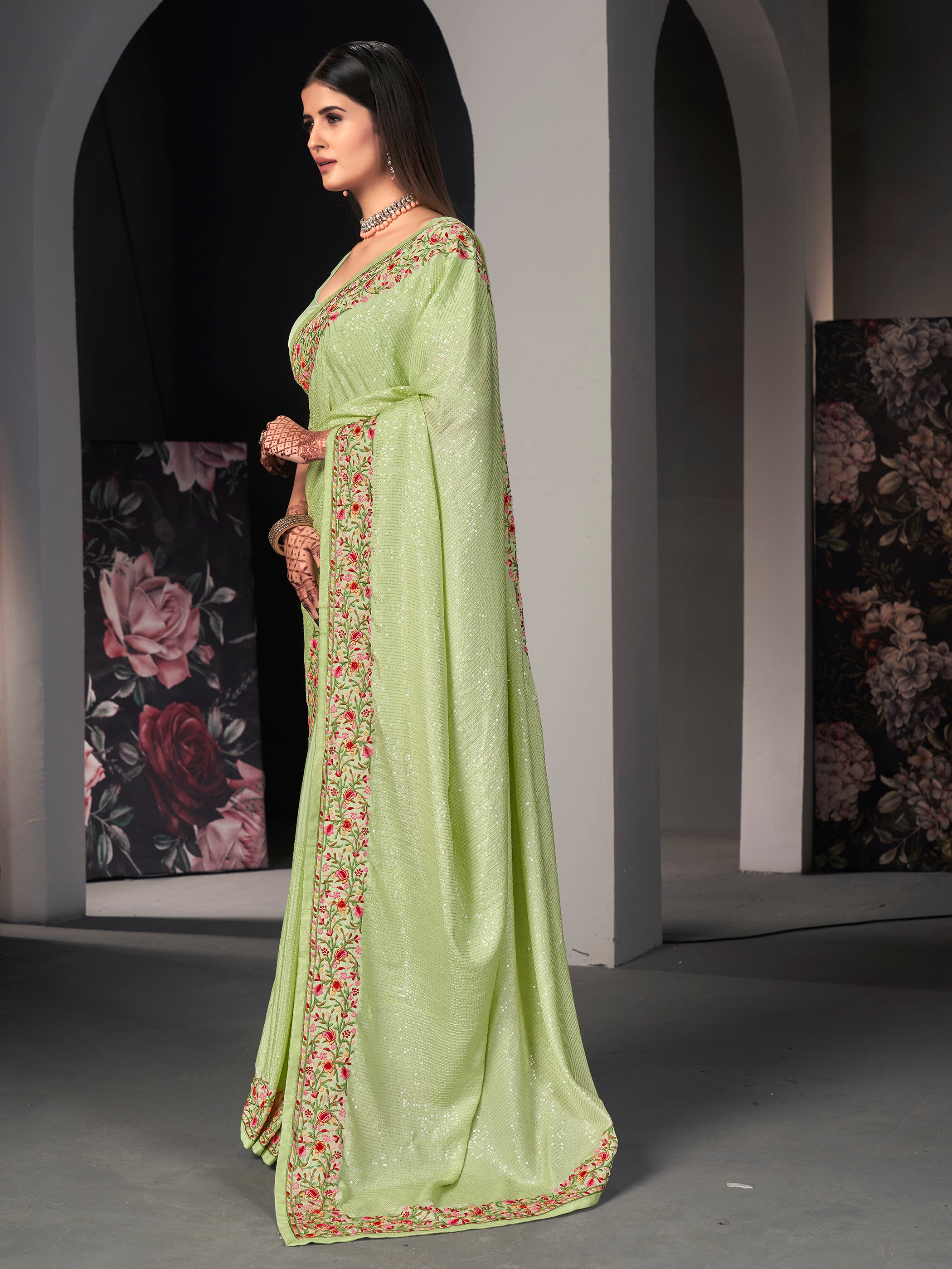 Pastel Green Satin Silk Embroidered Saree