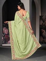 Pastel Green Satin Silk Embroidered Saree