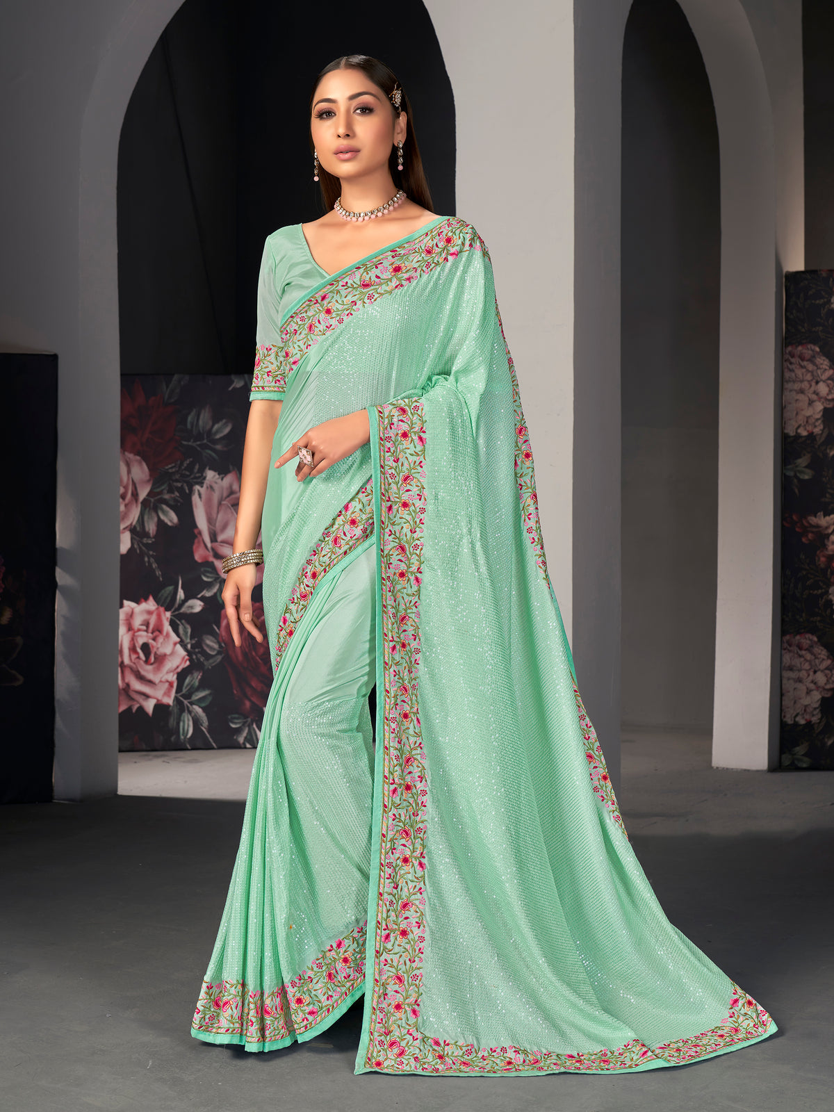 Aqua Green Satin Silk Embroidered Saree