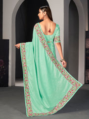 Aqua Green Satin Silk Embroidered Saree