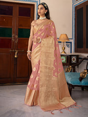 Peach Organza Silk Woven Saree