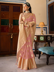 Peach Organza Silk Woven Saree