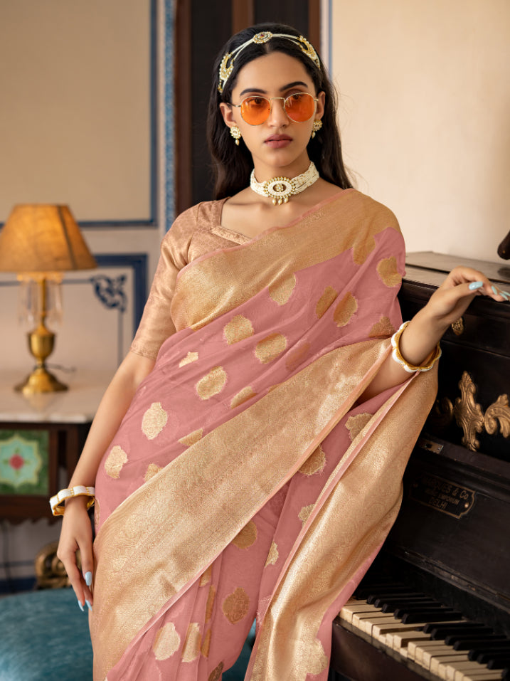 Peach Organza Silk Woven Saree