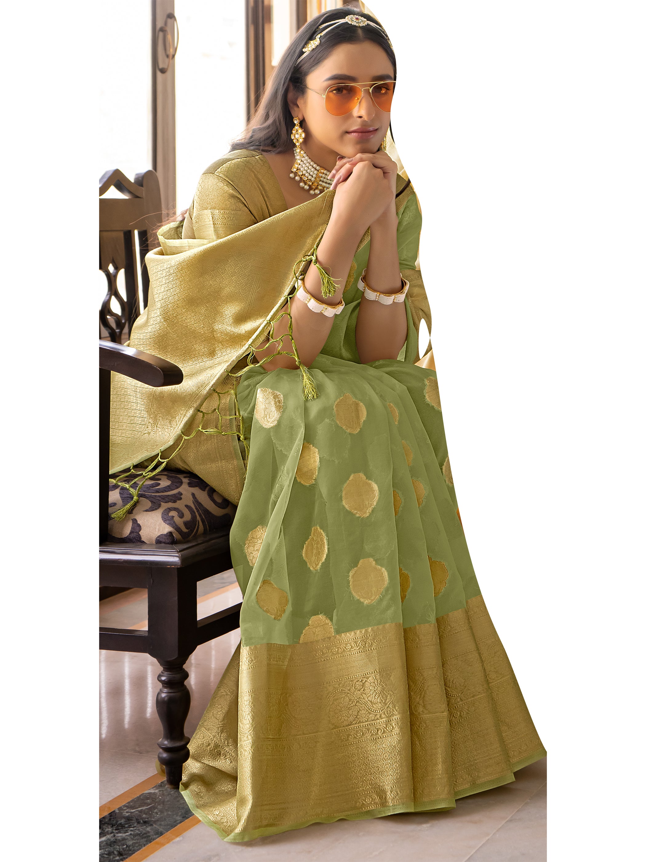 Green Organza Silk Woven Saree