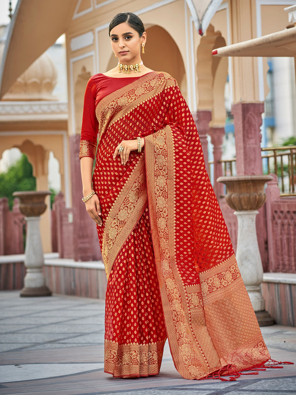 Designer Saree Red Color Organza Silk Woven Saree For Engagement