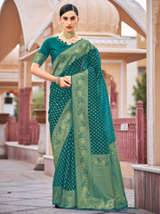 Teal Organza Silk Woven Saree