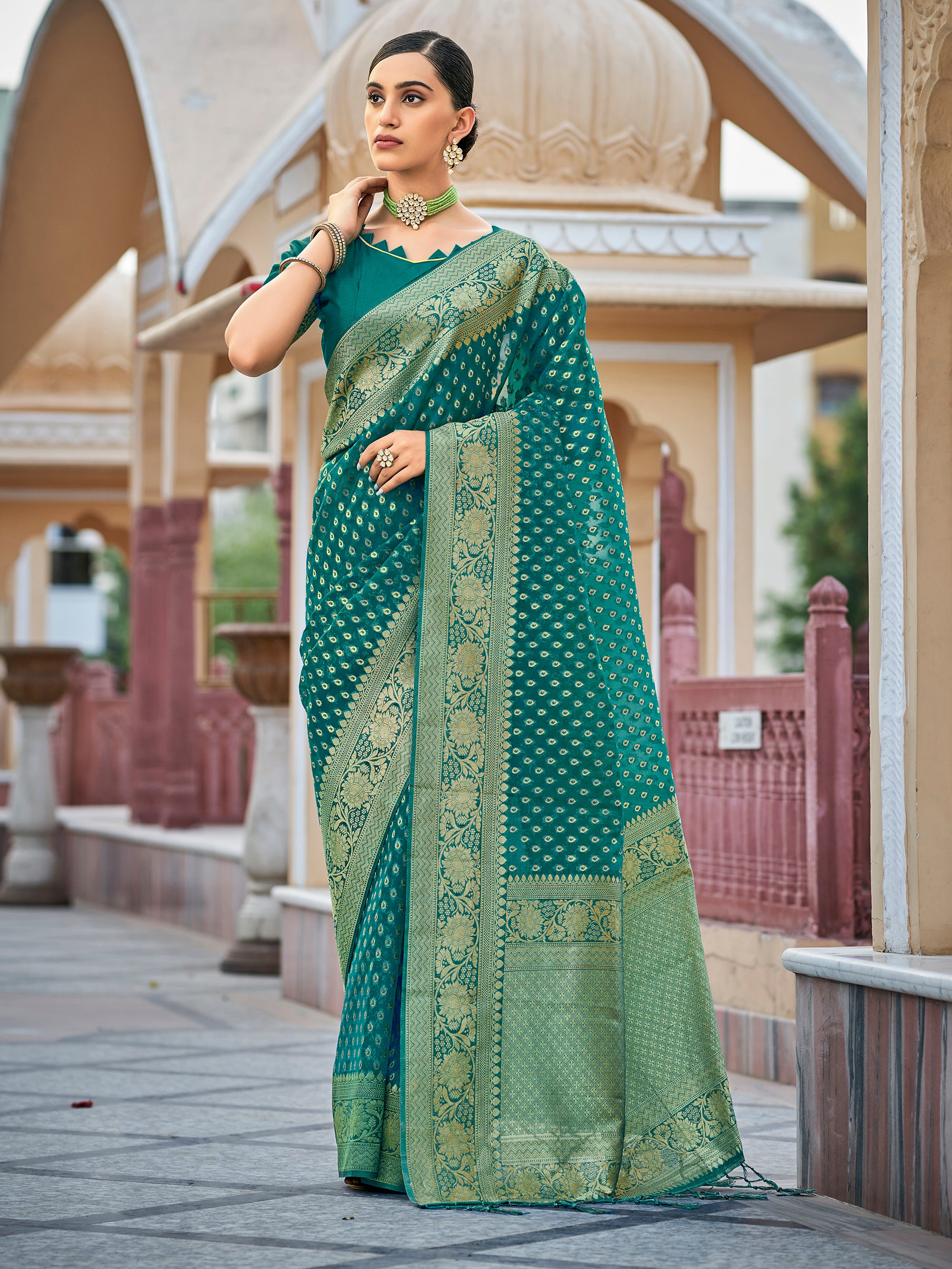 Teal Organza Silk Woven Saree