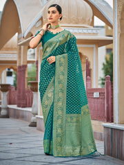 Teal Organza Silk Woven Saree