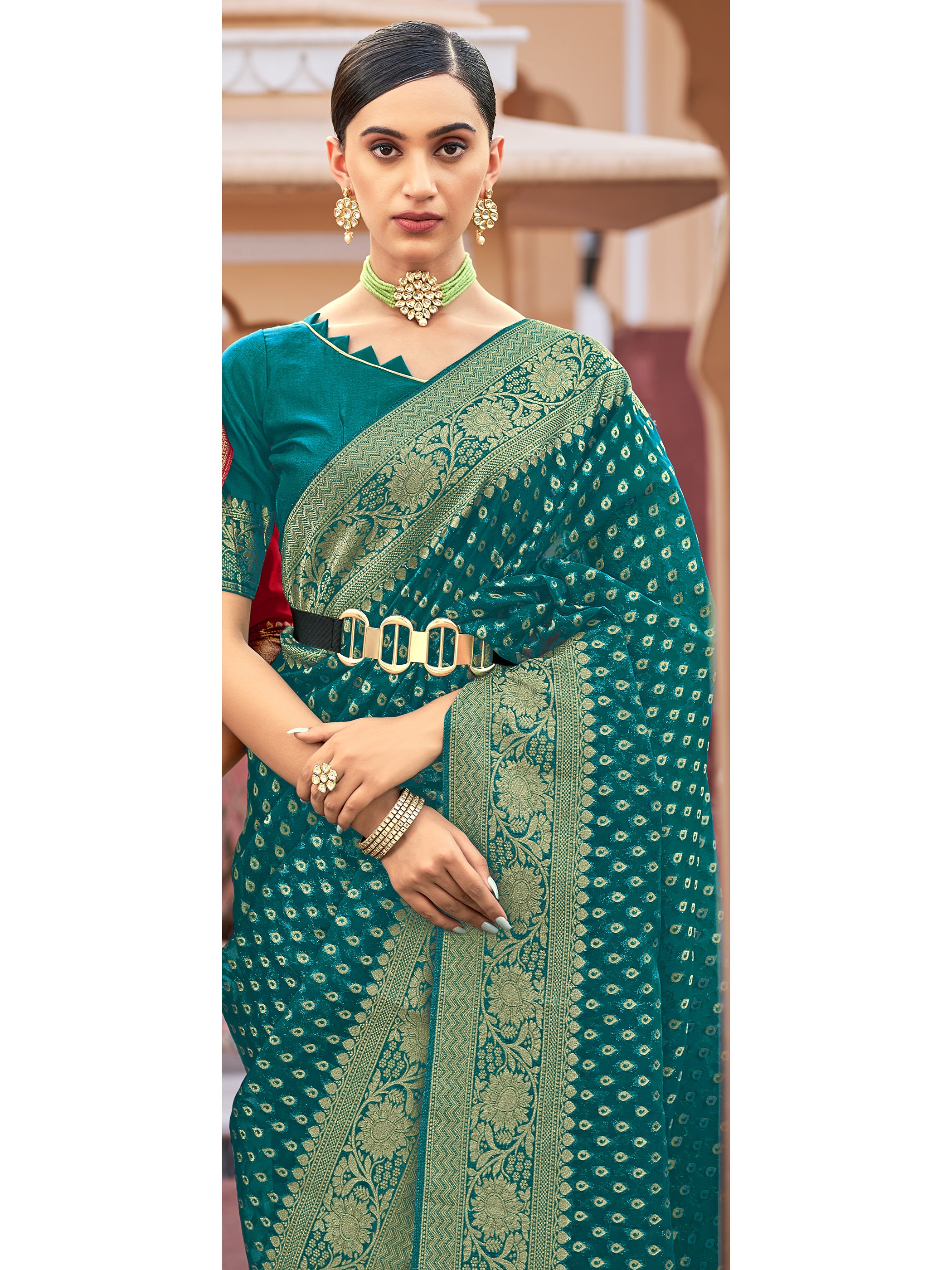 Teal Organza Silk Woven Saree