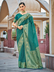 Teal Organza Silk Woven Saree